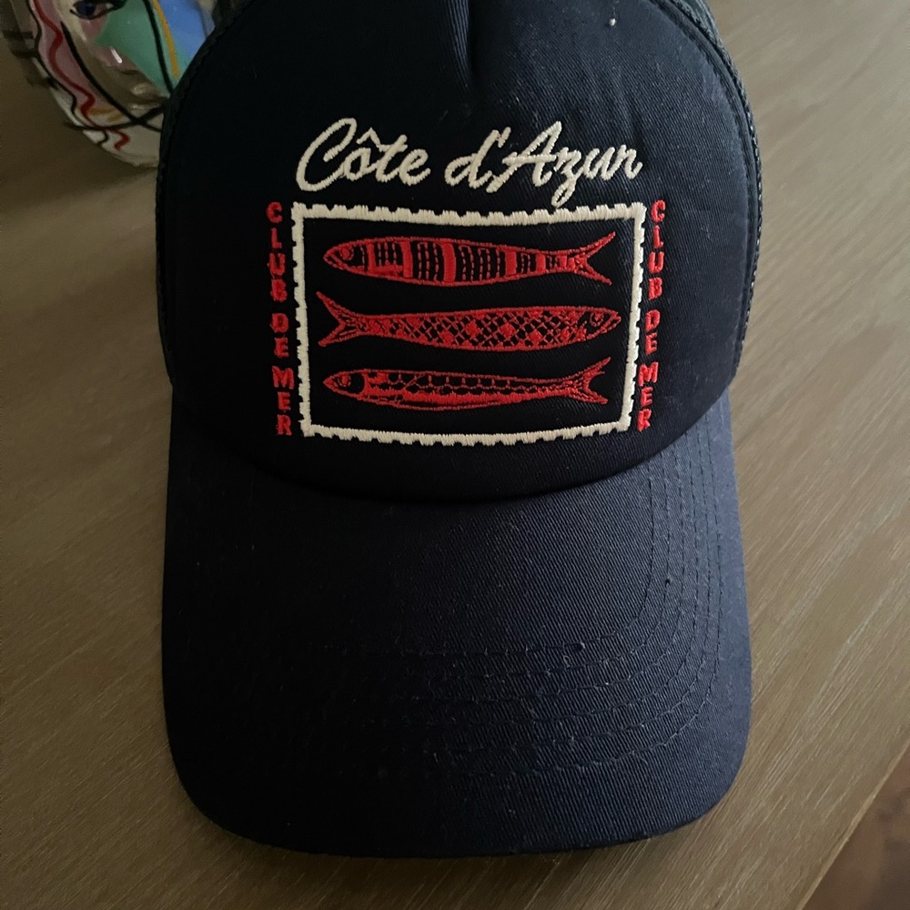 Anthropologie Navy Baseball Cap with Red & Cream Embroidery
